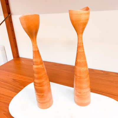 Nordic Simplicity: Pair of Scandinavian Hand-Carved Wooden Candlesticks