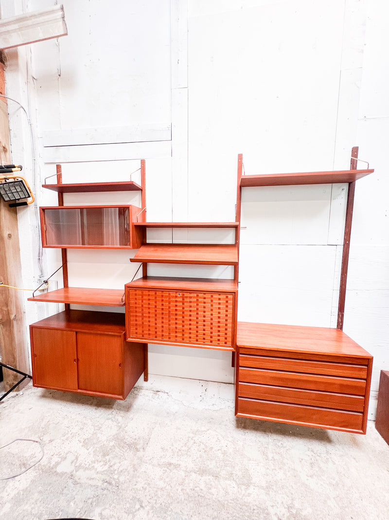 Mid-Century Danish Modular Wall Unit with Woven Door Panels and Adjustable Shelving