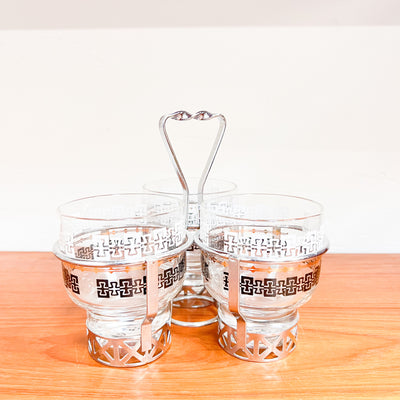 Retro Chic: Mid-Century Silver-Rimmed Cocktail Glass Set with Caddy