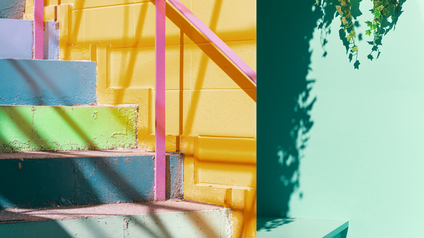 Colorful Concrete Stairs (Left) By Marco Devon from Studio South Korea, Leaves Hanging on Light Wall (Right) by Marco Devon from Studio South Korea