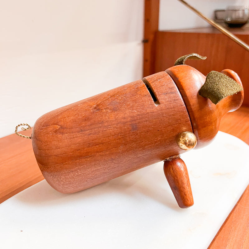 Whimsical Savings: Danish Mid-Century Teak Piggy Bank with Leather Ears