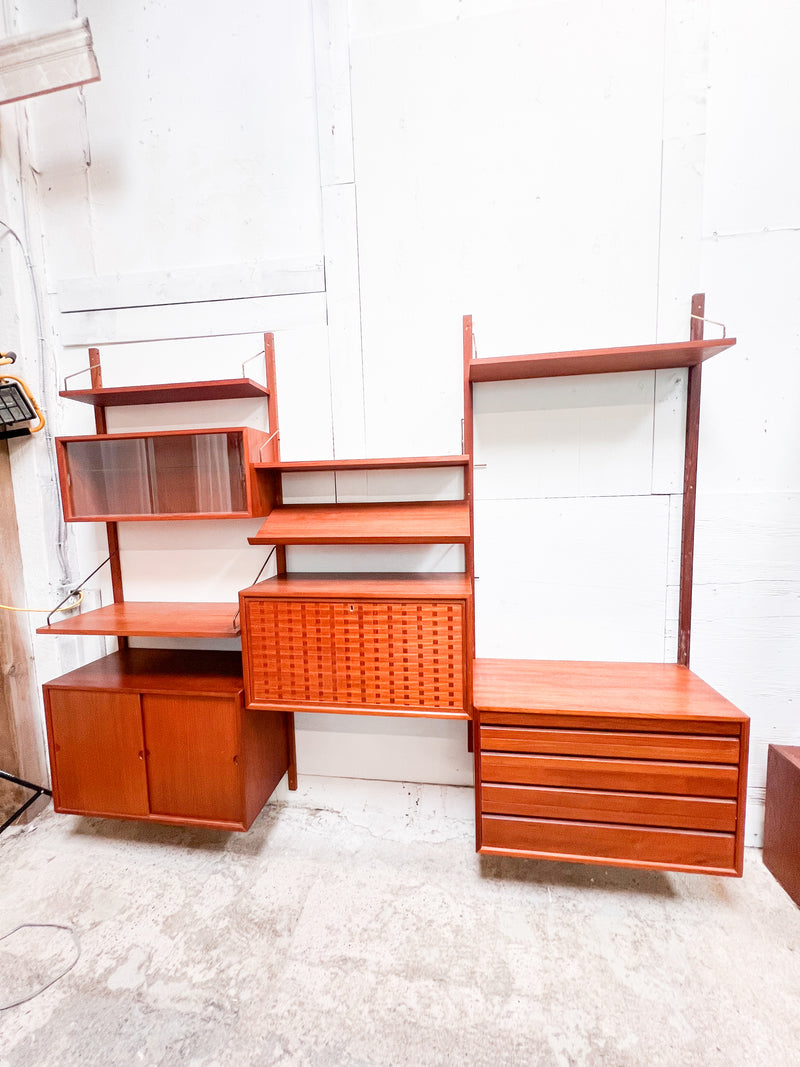 Mid-Century Danish Modular Wall Unit with Woven Door Panels and Adjustable Shelving