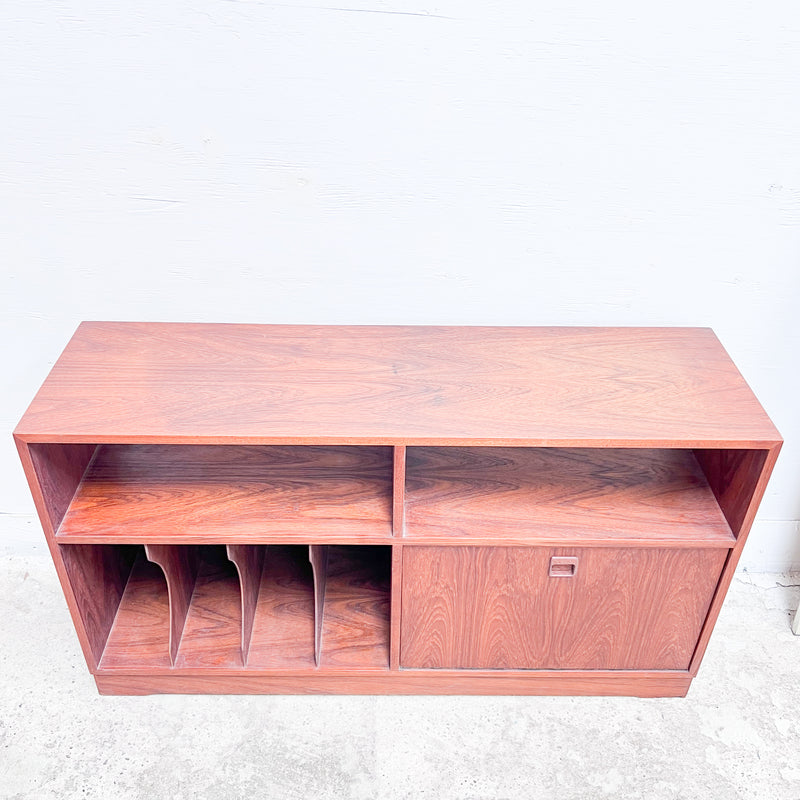 Mid-Century Modern Rosewood Record Cabinet – Stylish Storage with Drop-Front Compartment