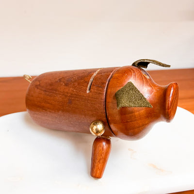 Whimsical Savings: Danish Mid-Century Teak Piggy Bank with Leather Ears