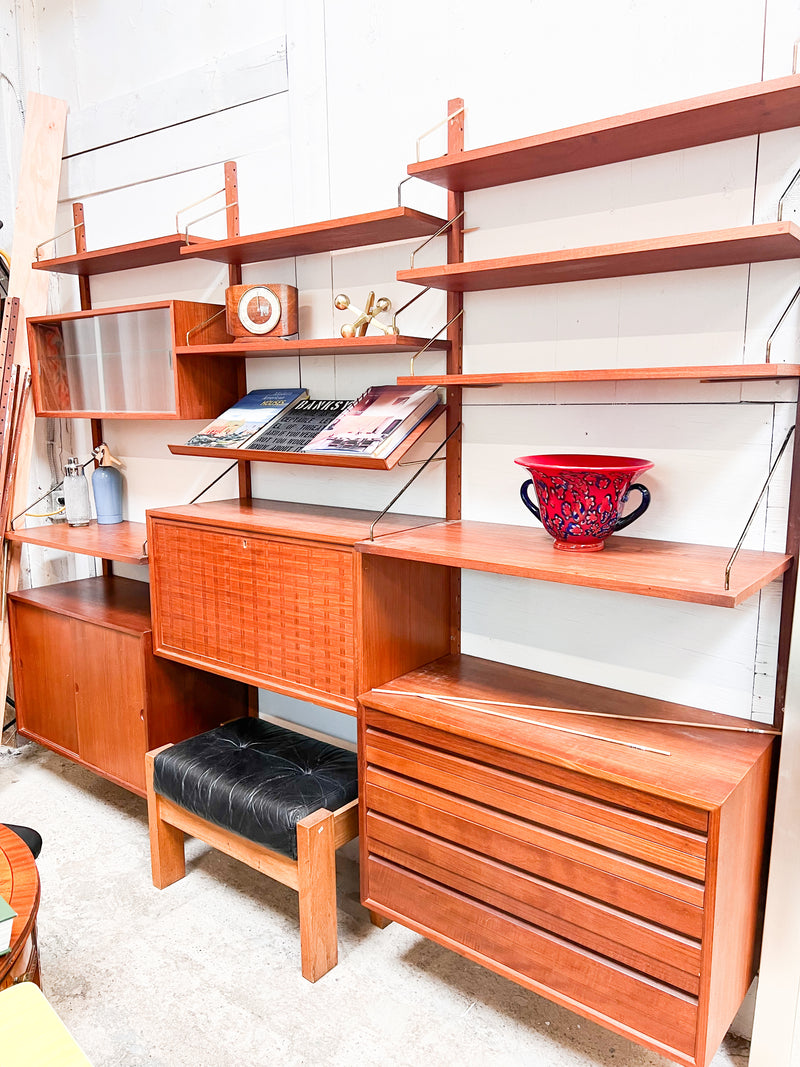 Mid-Century Danish Modular Wall Unit with Woven Door Panels and Adjustable Shelving