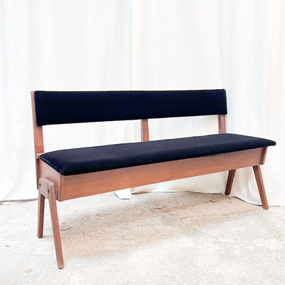 Mid-Century Teak Storage Bench with Black Cushion – Practical Elegance