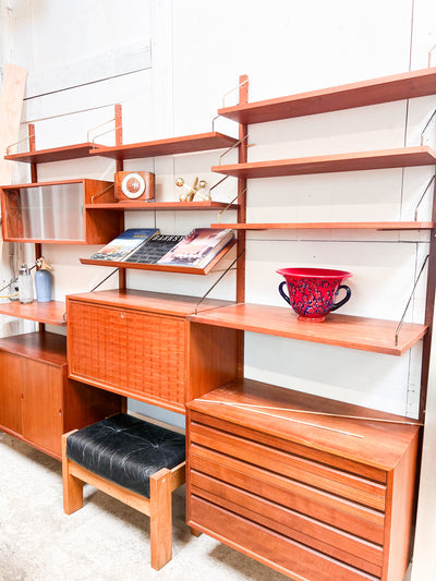 Mid-Century Danish Modular Wall Unit with Woven Door Panels and Adjustable Shelving