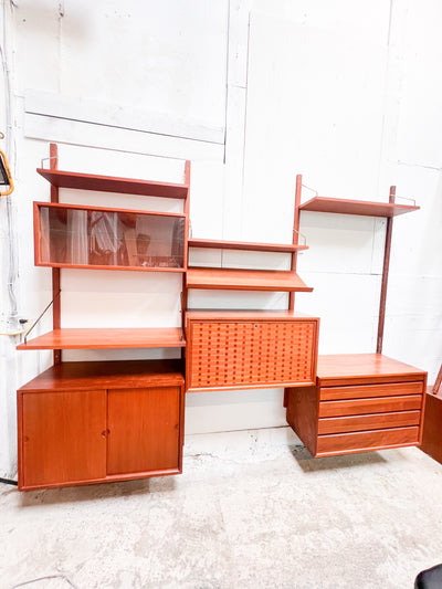 Mid-Century Danish Modular Wall Unit with Woven Door Panels and Adjustable Shelving