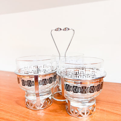 Retro Chic: Mid-Century Silver-Rimmed Cocktail Glass Set with Caddy