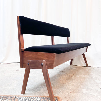 Mid-Century Teak Storage Bench with Black Cushion – Practical Elegance