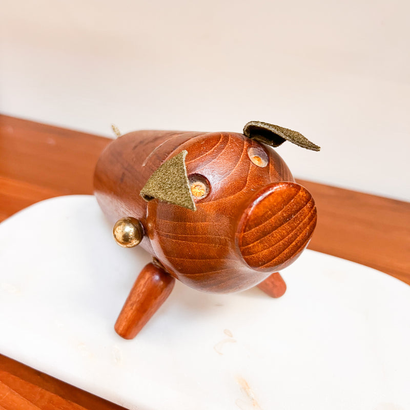 Whimsical Savings: Danish Mid-Century Teak Piggy Bank with Leather Ears