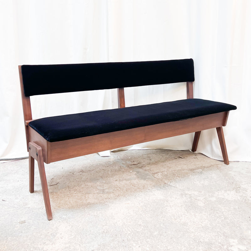 Mid-Century Teak Storage Bench with Black Cushion – Practical Elegance