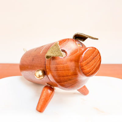 Whimsical Savings: Danish Mid-Century Teak Piggy Bank with Leather Ears