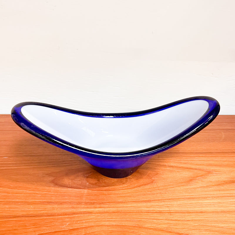 Serene Waves: Vintage Murano-Cobalt Blue and White Art Glass Bowl