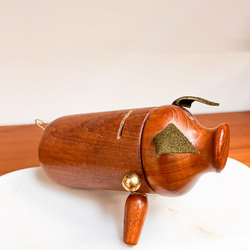 Whimsical Savings: Danish Mid-Century Teak Piggy Bank with Leather Ears