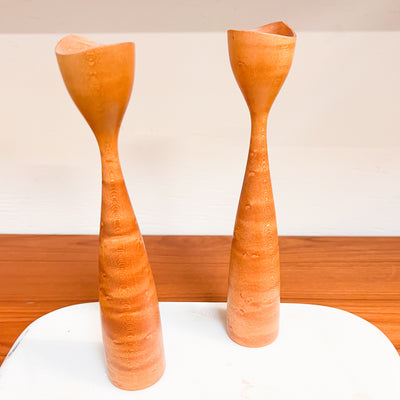 Nordic Simplicity: Pair of Scandinavian Hand-Carved Wooden Candlesticks