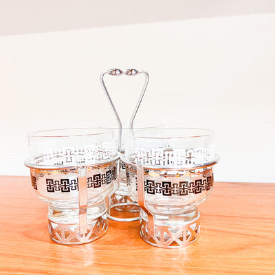 Retro Chic: Mid-Century Silver-Rimmed Cocktail Glass Set with Caddy