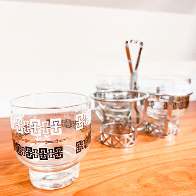 Retro Chic: Mid-Century Silver-Rimmed Cocktail Glass Set with Caddy