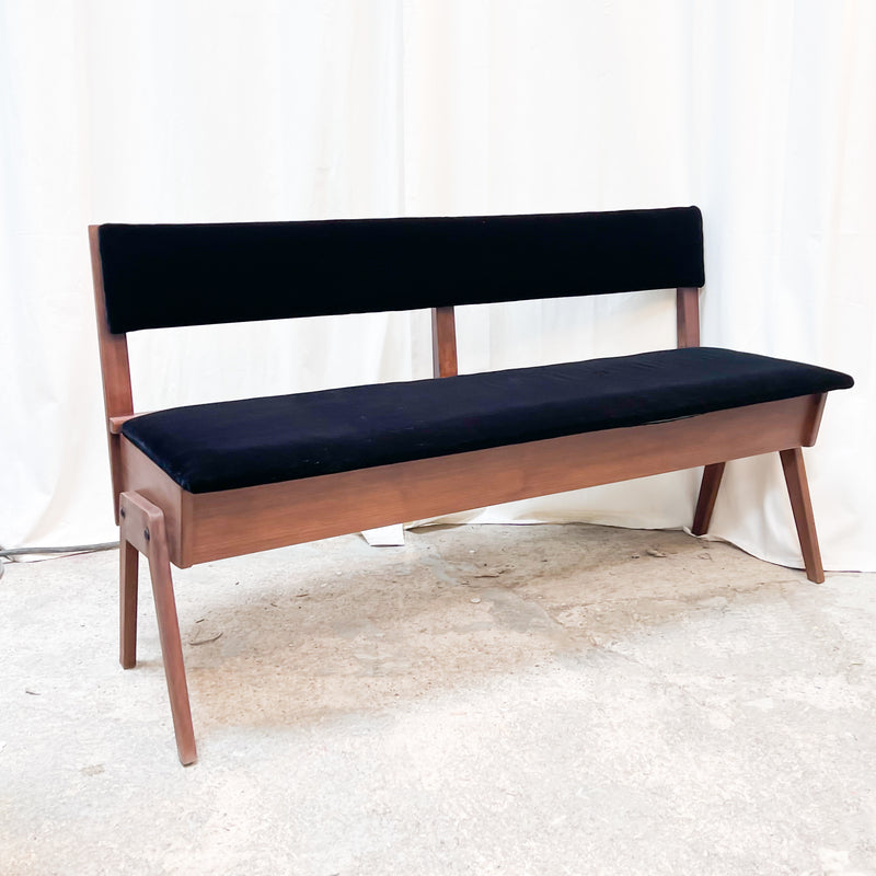 Mid-Century Teak Storage Bench with Black Cushion – Practical Elegance