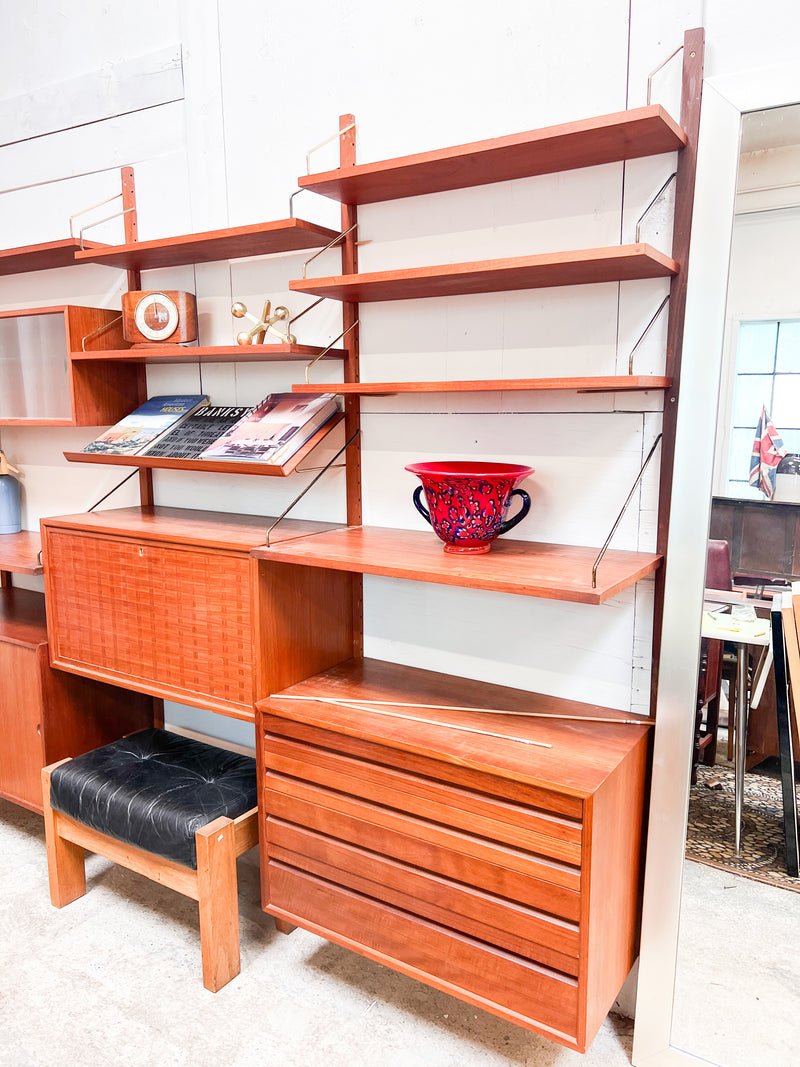 Mid-Century Danish Modular Wall Unit with Woven Door Panels and Adjustable Shelving