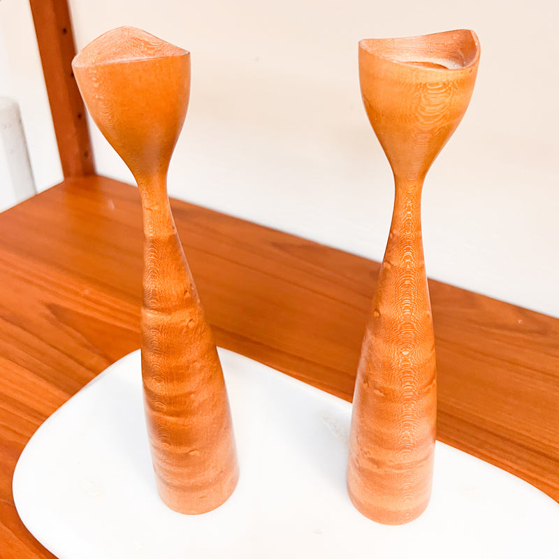 Nordic Simplicity: Pair of Scandinavian Hand-Carved Wooden Candlesticks