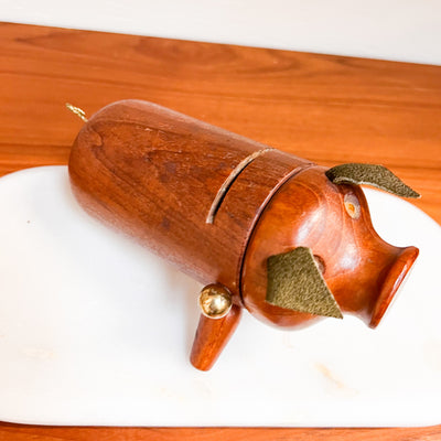 Whimsical Savings: Danish Mid-Century Teak Piggy Bank with Leather Ears