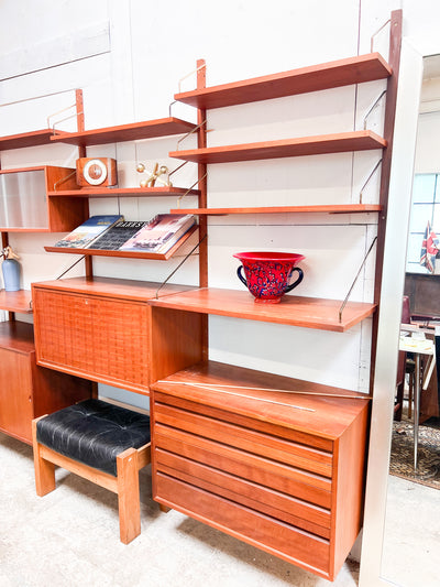 Mid-Century Danish Modular Wall Unit with Woven Door Panels and Adjustable Shelving