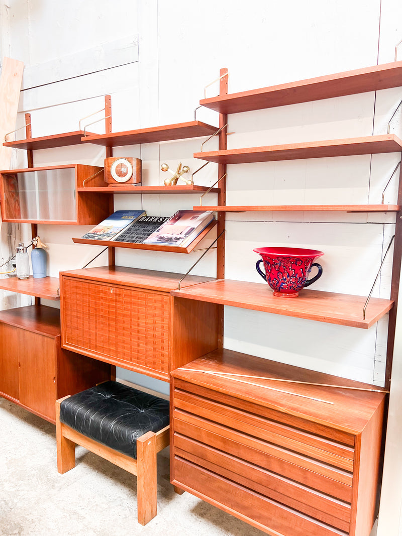 Mid-Century Danish Modular Wall Unit with Woven Door Panels and Adjustable Shelving