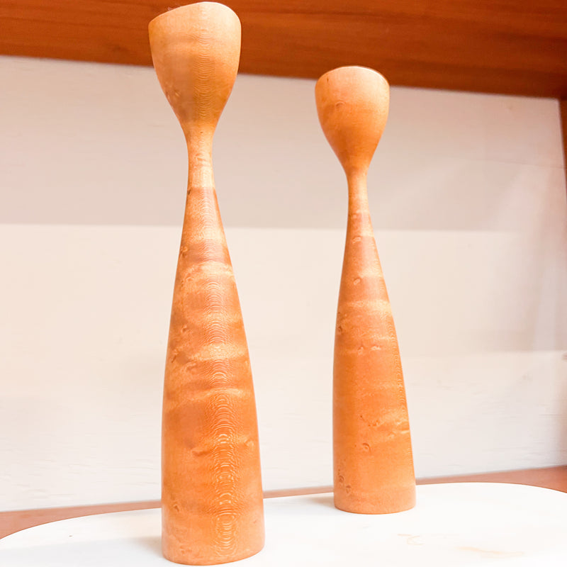 Nordic Simplicity: Pair of Scandinavian Hand-Carved Wooden Candlesticks