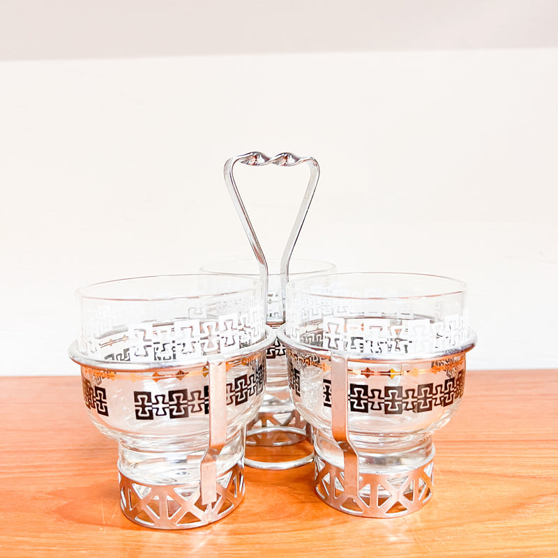 Retro Chic: Mid-Century Silver-Rimmed Cocktail Glass Set with Caddy