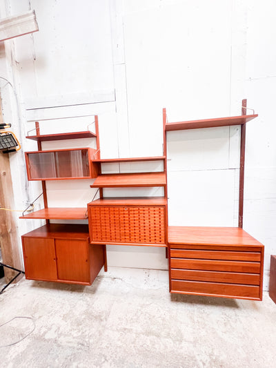 Mid-Century Danish Modular Wall Unit with Woven Door Panels and Adjustable Shelving