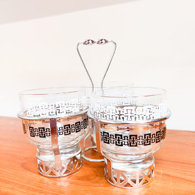 Retro Chic: Mid-Century Silver-Rimmed Cocktail Glass Set with Caddy