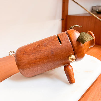 Whimsical Savings: Danish Mid-Century Teak Piggy Bank with Leather Ears