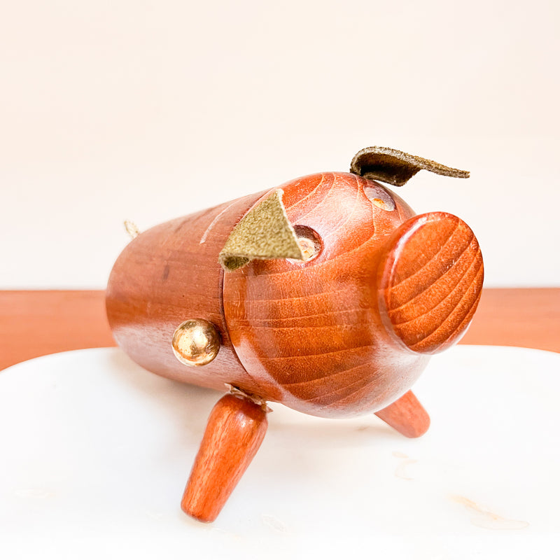 Whimsical Savings: Danish Mid-Century Teak Piggy Bank with Leather Ears