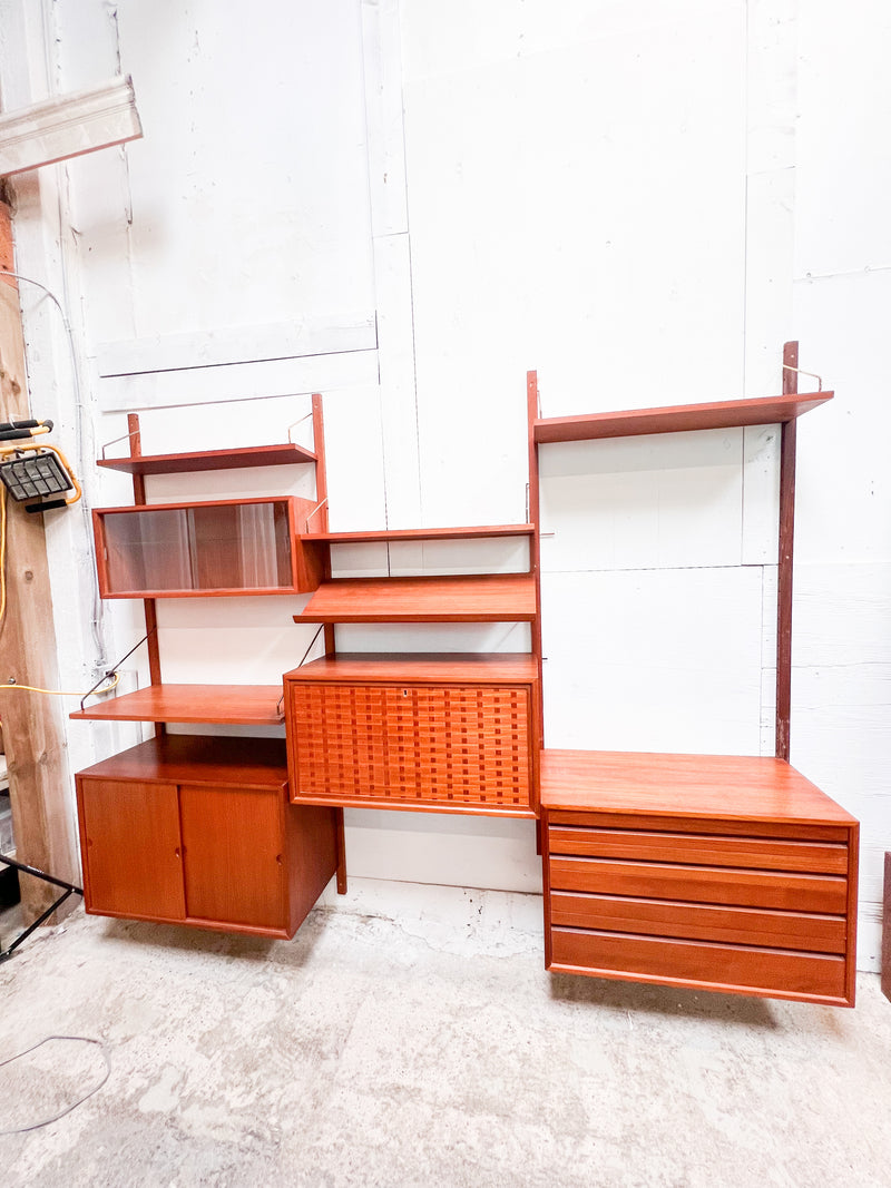 Mid-Century Danish Modular Wall Unit with Woven Door Panels and Adjustable Shelving