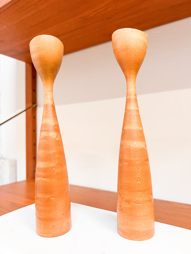 Nordic Simplicity: Pair of Scandinavian Hand-Carved Wooden Candlesticks