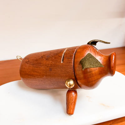 Whimsical Savings: Danish Mid-Century Teak Piggy Bank with Leather Ears