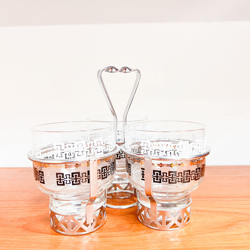 Retro Chic: Mid-Century Silver-Rimmed Cocktail Glass Set with Caddy