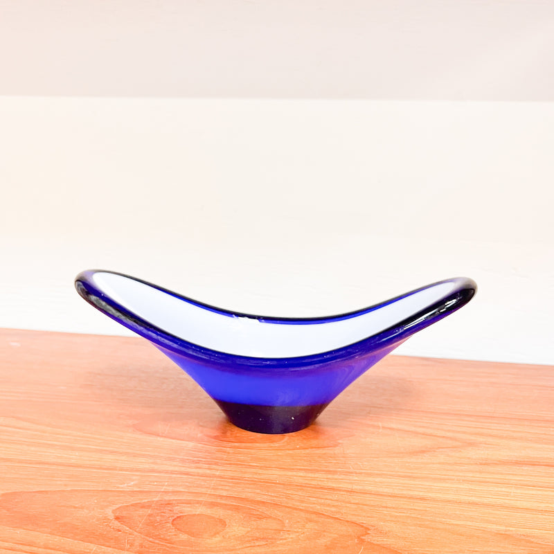 Serene Waves: Vintage Murano-Cobalt Blue and White Art Glass Bowl