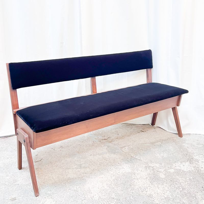 Mid-Century Teak Storage Bench with Black Cushion – Practical Elegance