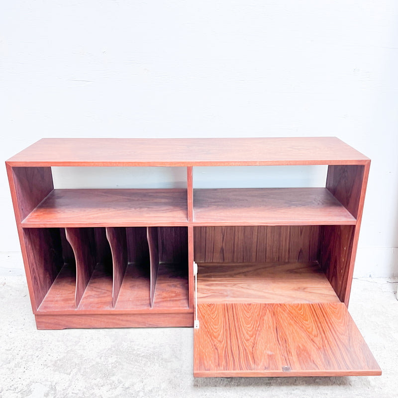 Mid-Century Modern Rosewood Record Cabinet – Stylish Storage with Drop-Front Compartment