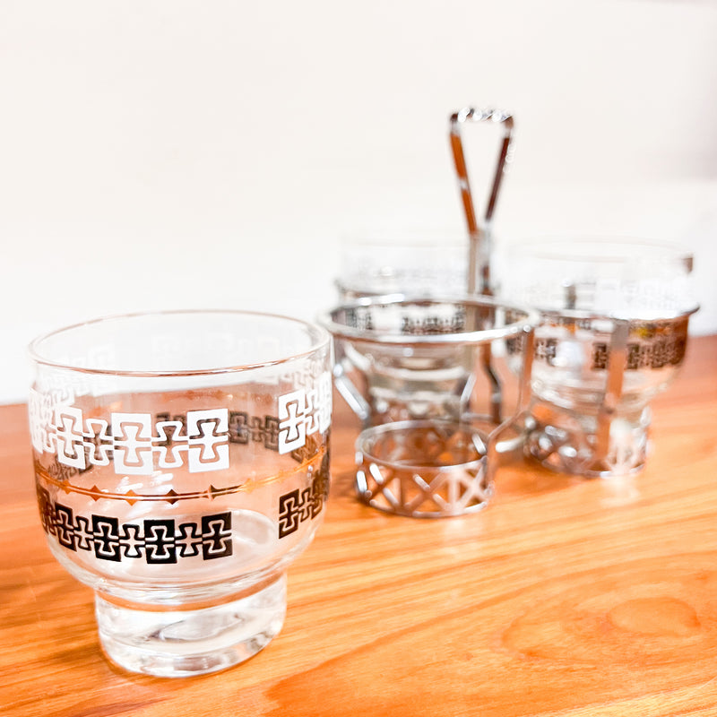 Retro Chic: Mid-Century Silver-Rimmed Cocktail Glass Set with Caddy