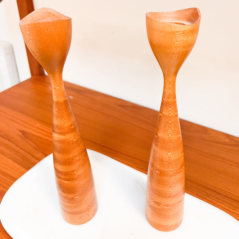 Nordic Simplicity: Pair of Scandinavian Hand-Carved Wooden Candlesticks