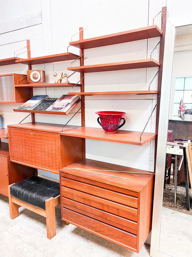 Mid-Century Danish Modular Wall Unit with Woven Door Panels and Adjustable Shelving