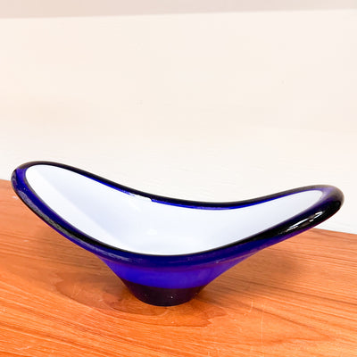 Serene Waves: Vintage Murano-Cobalt Blue and White Art Glass Bowl