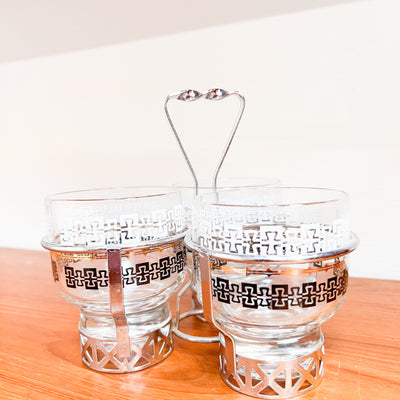 Retro Chic: Mid-Century Silver-Rimmed Cocktail Glass Set with Caddy