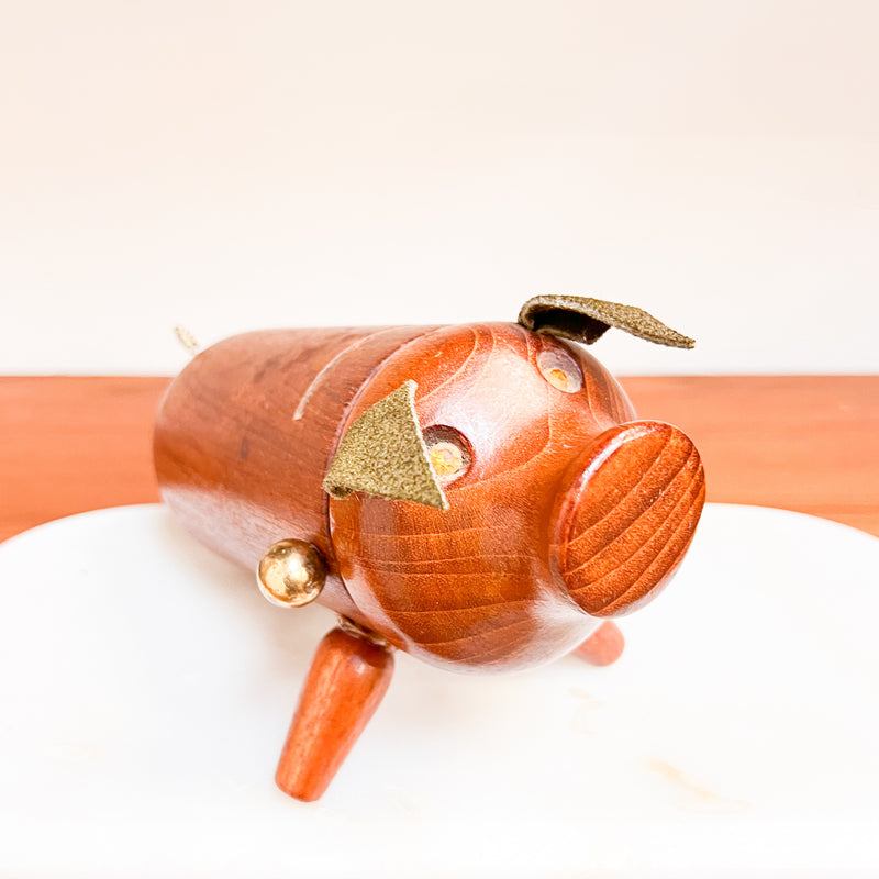 Whimsical Savings: Danish Mid-Century Teak Piggy Bank with Leather Ears