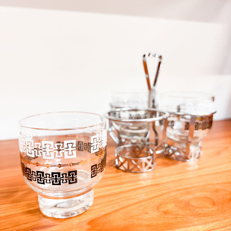 Retro Chic: Mid-Century Silver-Rimmed Cocktail Glass Set with Caddy