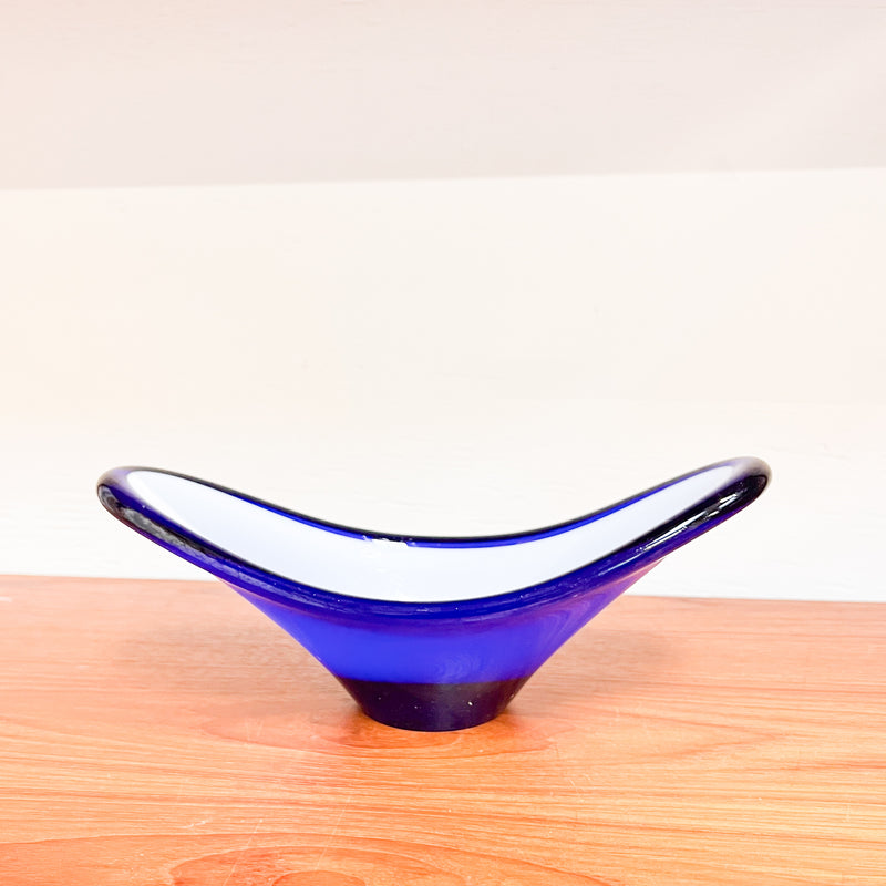 Serene Waves: Vintage Murano-Cobalt Blue and White Art Glass Bowl