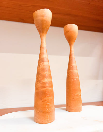 Nordic Simplicity: Pair of Scandinavian Hand-Carved Wooden Candlesticks